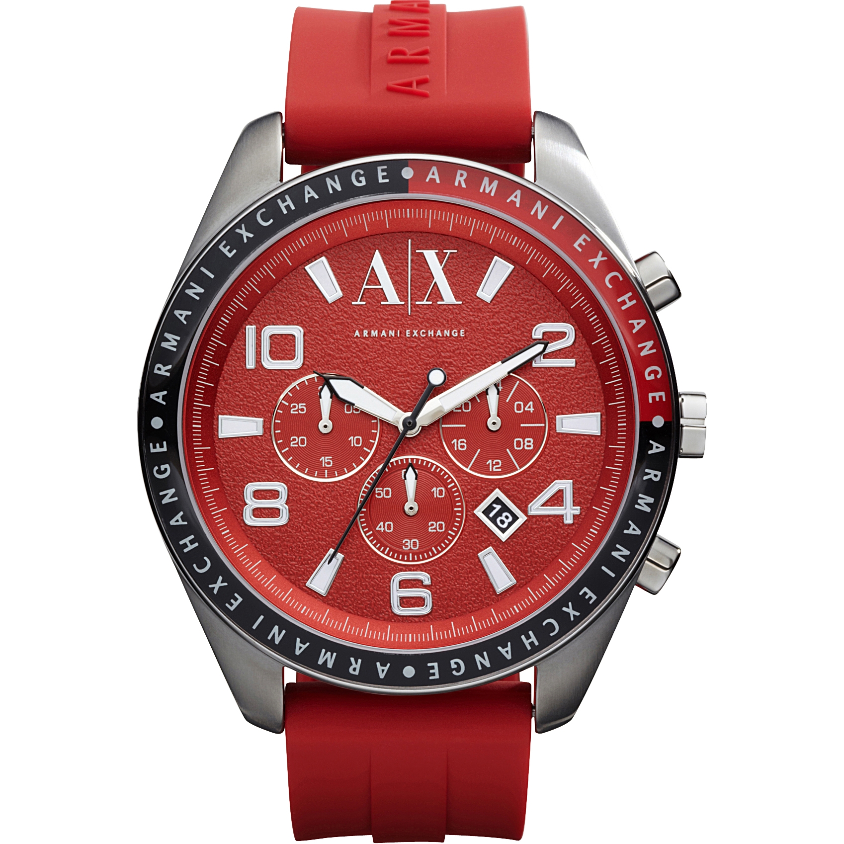 Red watches. Armani Exchange Red. Emporio Armani Exchange в Красном корпусе часы. Armani Exchange Chronograph Black Silicone. Часы Армани с красным ремешком мужские.